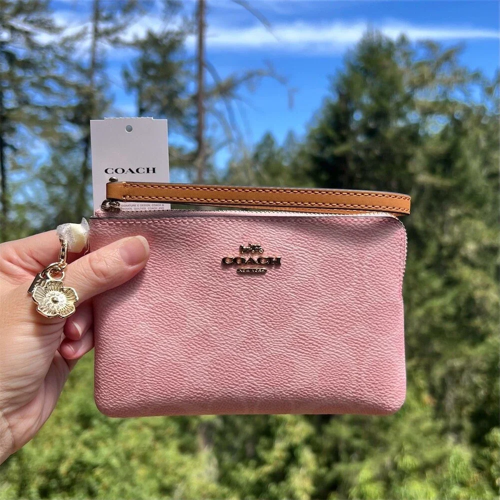 COACH Signature Canvas Powder Pink & Tea Rose Charm Wristlet Gold Hardware NWT